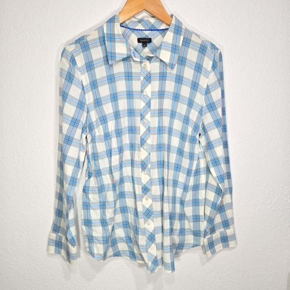 Talbots Large Plaid Check Blues Button Up Collared Cotton Shirt